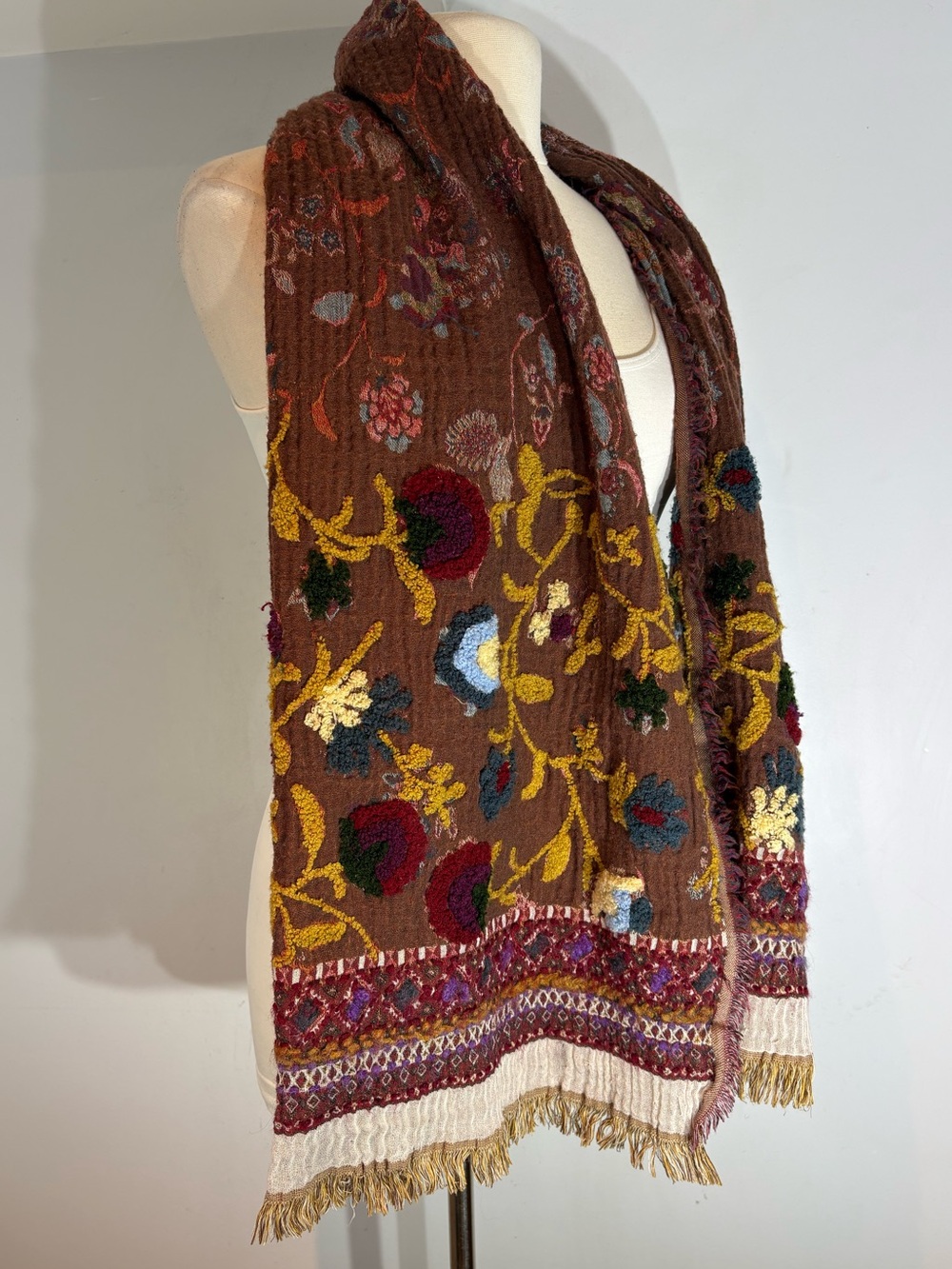 Vismaya Embroidered Floral Boho Scarf Wrap Brown Cotton Wool Blend